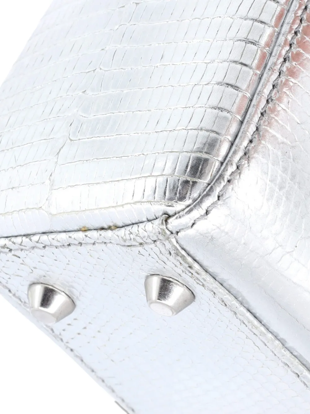 DIOR Pre-owned Lady Bag Lizard With Metal Applique Mini Satchel In Silver