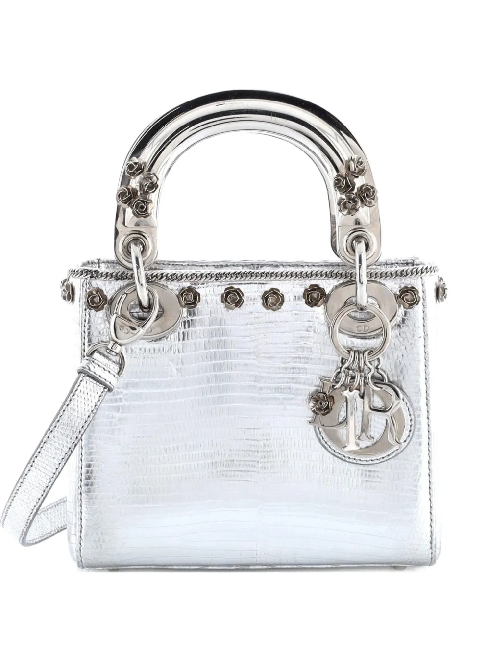 Click to view more detailed imagery on our partner's website Pre-owned Dior Lady Bag Lizard With Metal Applique Mini Satchel In Silver