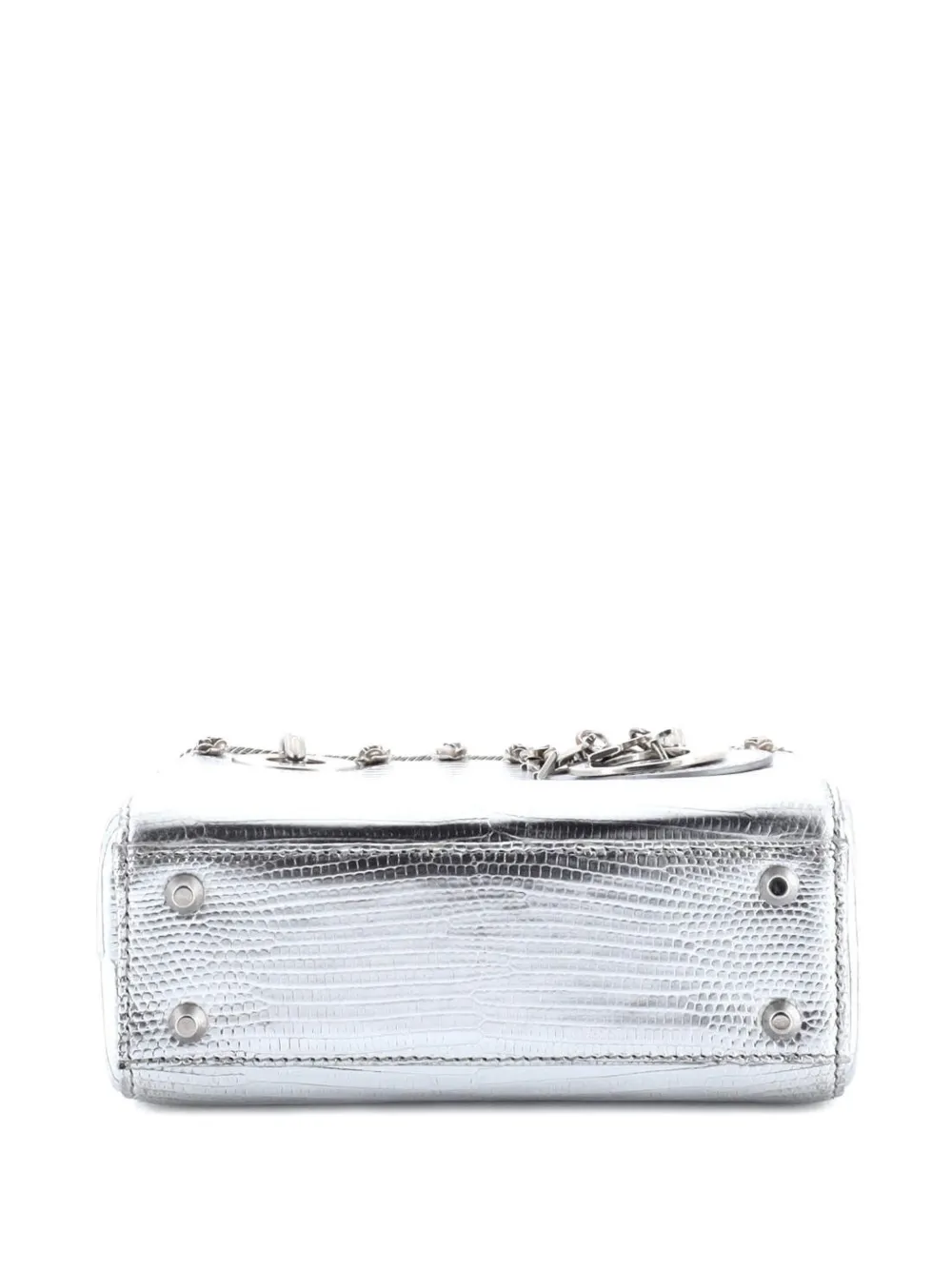 DIOR Pre-owned Lady Bag Lizard With Metal Applique Mini Satchel In Silver