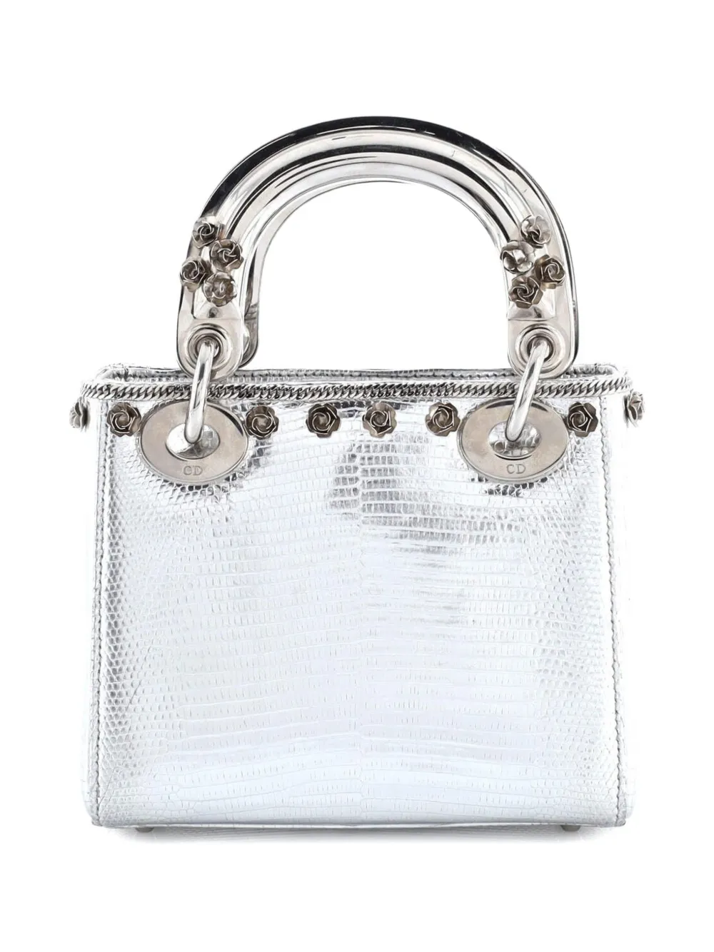DIOR Pre-owned Lady Bag Lizard With Metal Applique Mini Satchel In Silver