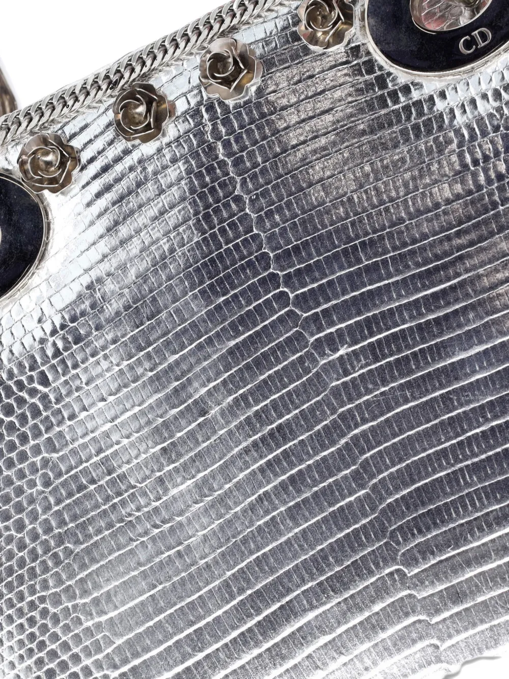 DIOR Pre-owned Lady Bag Lizard With Metal Applique Mini Satchel In Silver
