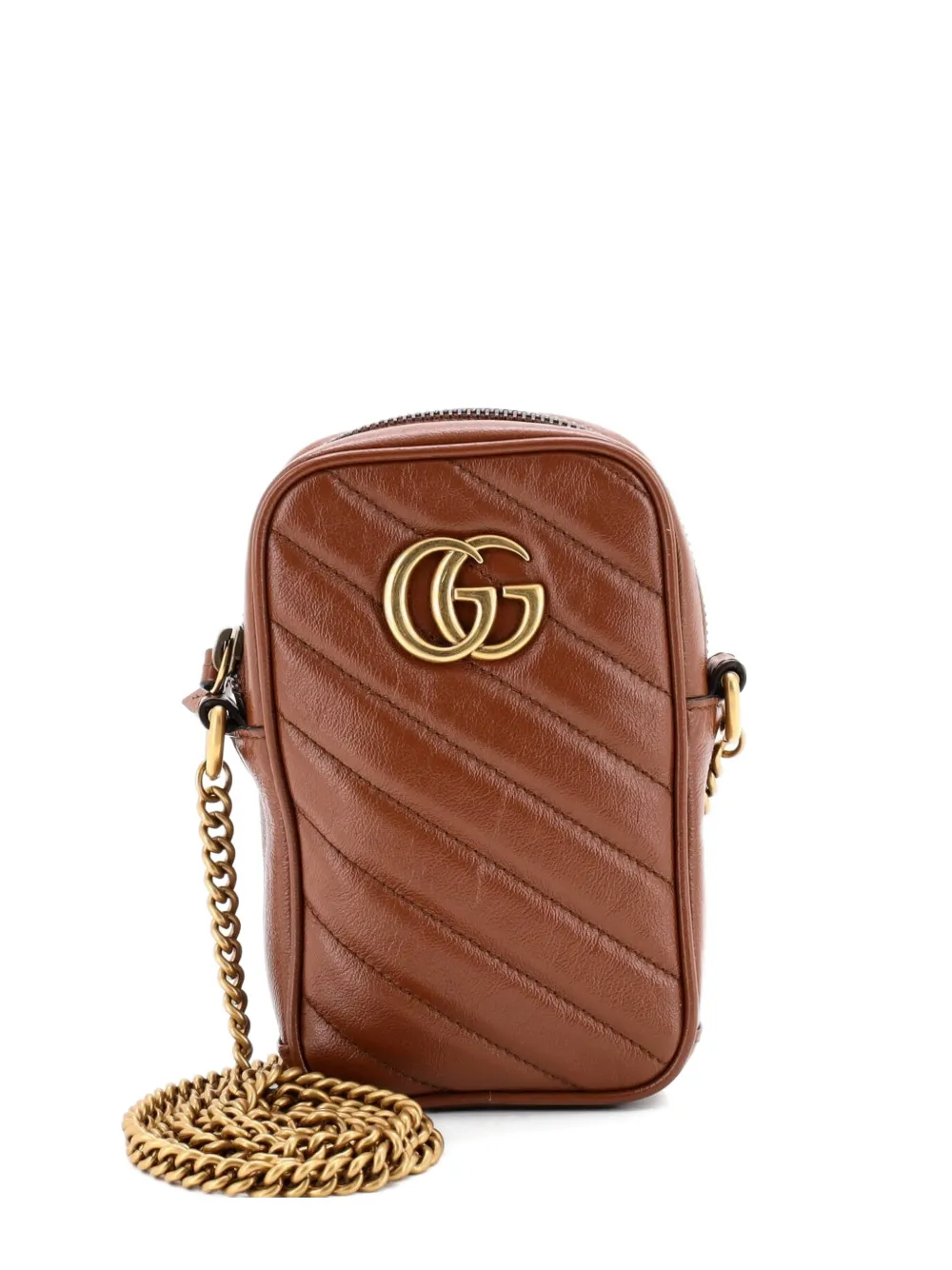Pre-owned Gucci Gg Marmont Vertical Phone Matelasse Leather Mini Crossbody Bag In Brown