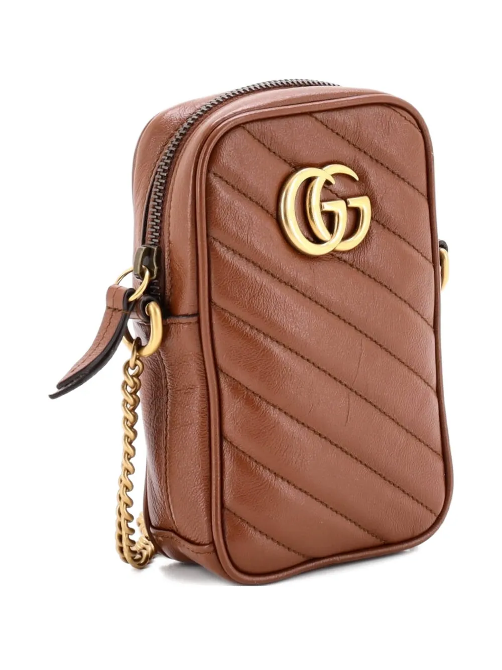 GUCCI Pre-owned Gg Marmont Vertical Phone Matelasse Leather Mini Crossbody Bag In Brown