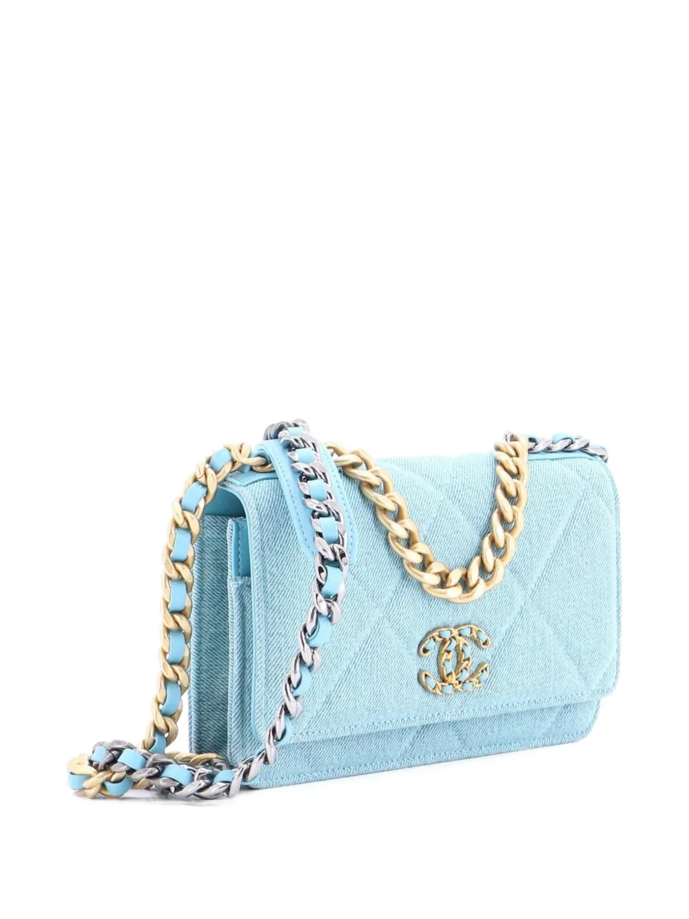 Pre-owned Chanel 19 Wallet On Chain Quilted Denim Crossbody Bag In Blue