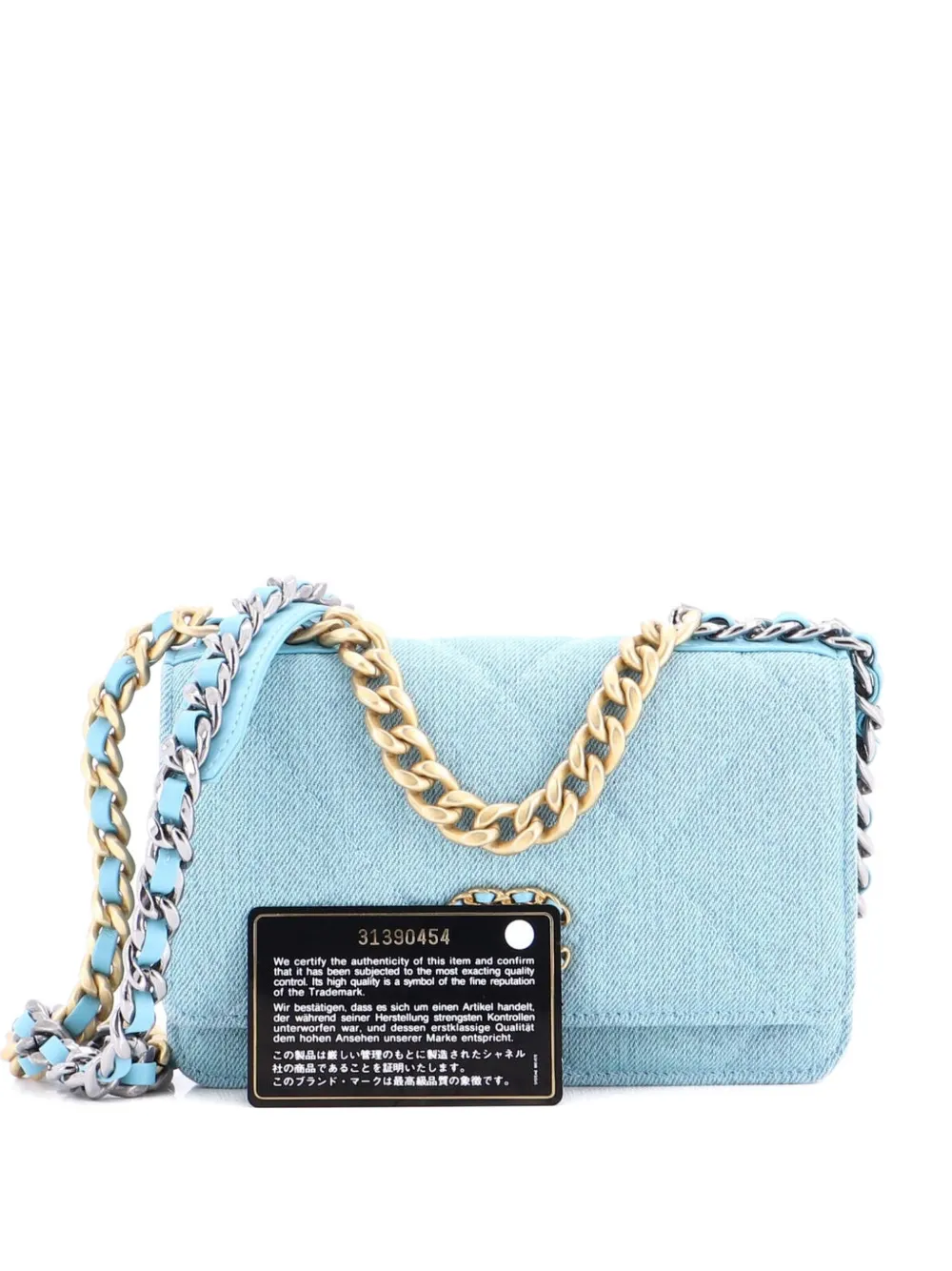 Pre-owned Chanel 19 Wallet On Chain Quilted Denim Crossbody Bag In Blue