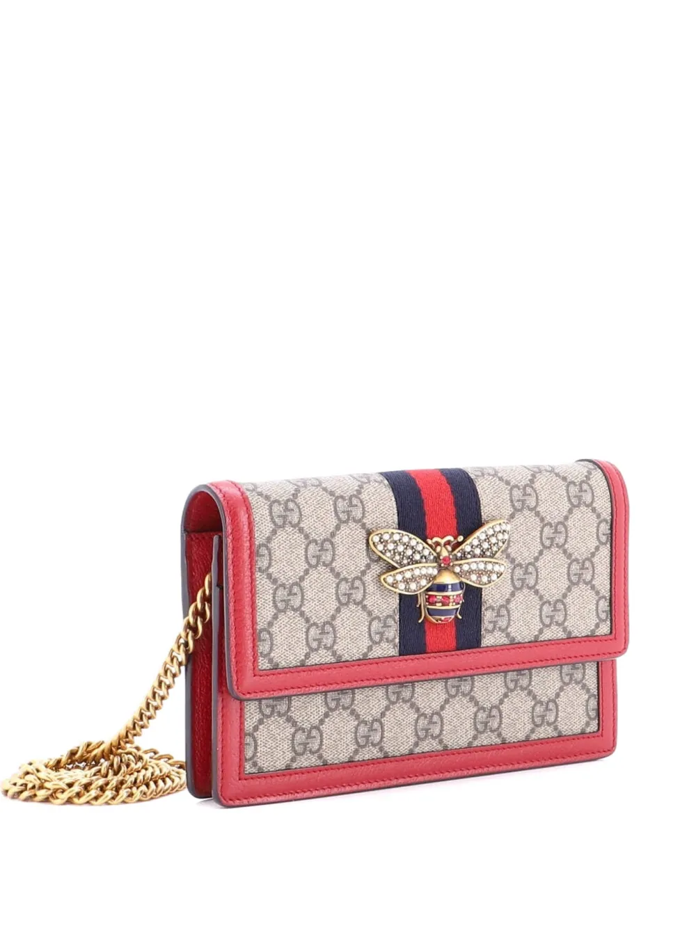 Pre-owned Gucci Queen Margaret Chain Wallet Gg Coated Canvas Mini Crossbody Bag In Red