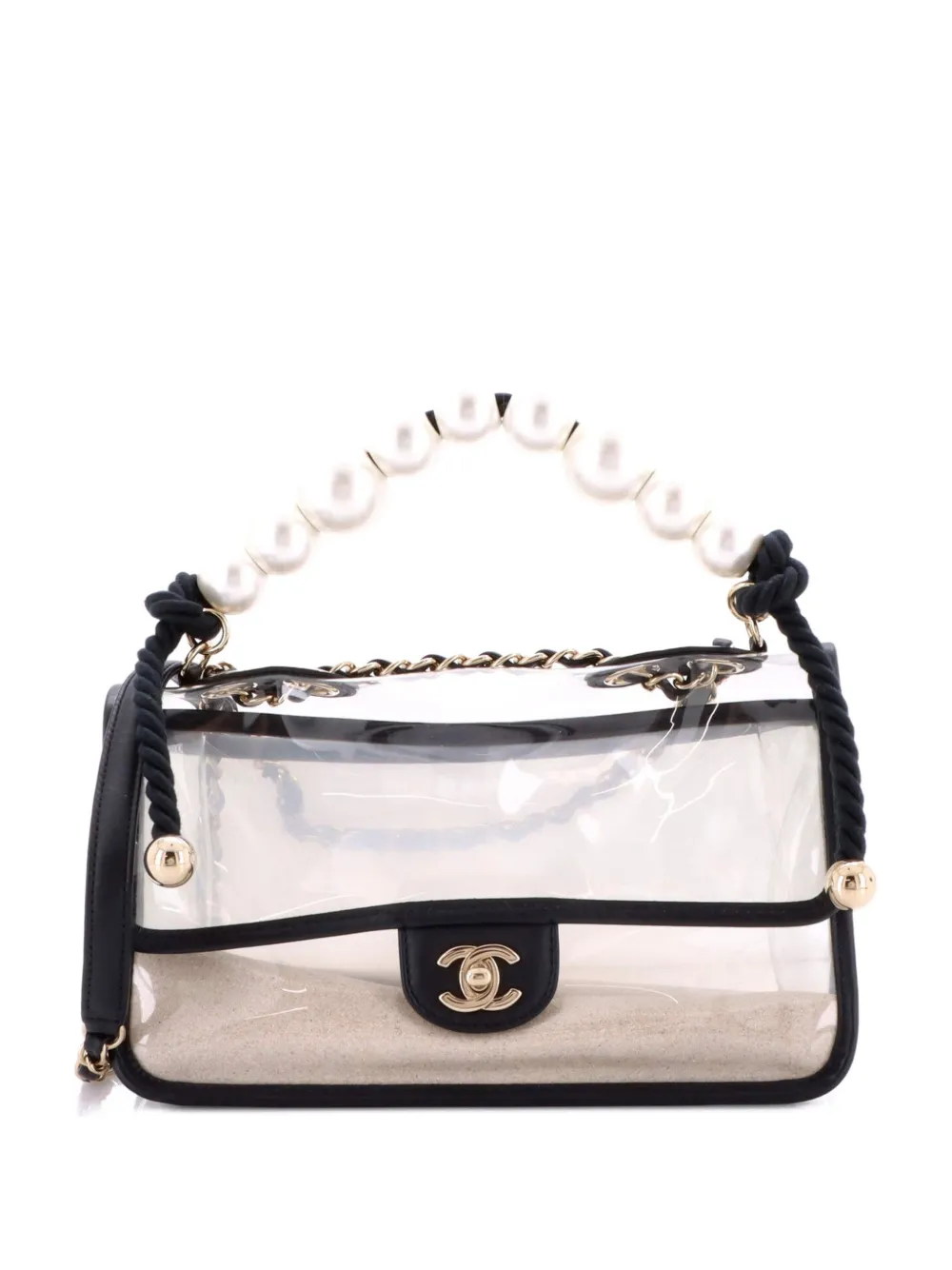Pre-owned Chanel Sand By The Sea Pearl Flap Bag Pvc With Lambskin Medium Shoulder Bag In Black