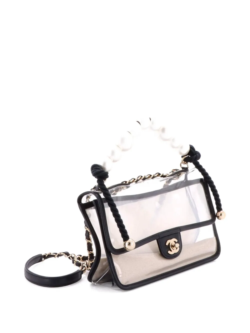 Pre-owned Chanel Sand By The Sea Pearl Flap Bag Pvc With Lambskin Medium Shoulder Bag In Black