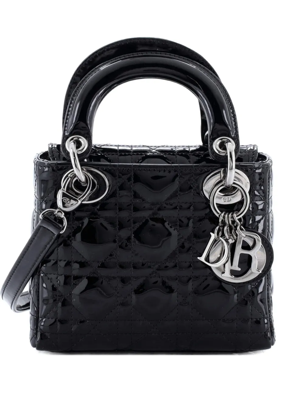 Pre-owned Dior Lady  Bag Cannage Quilt Patent Mini Satchel In Black