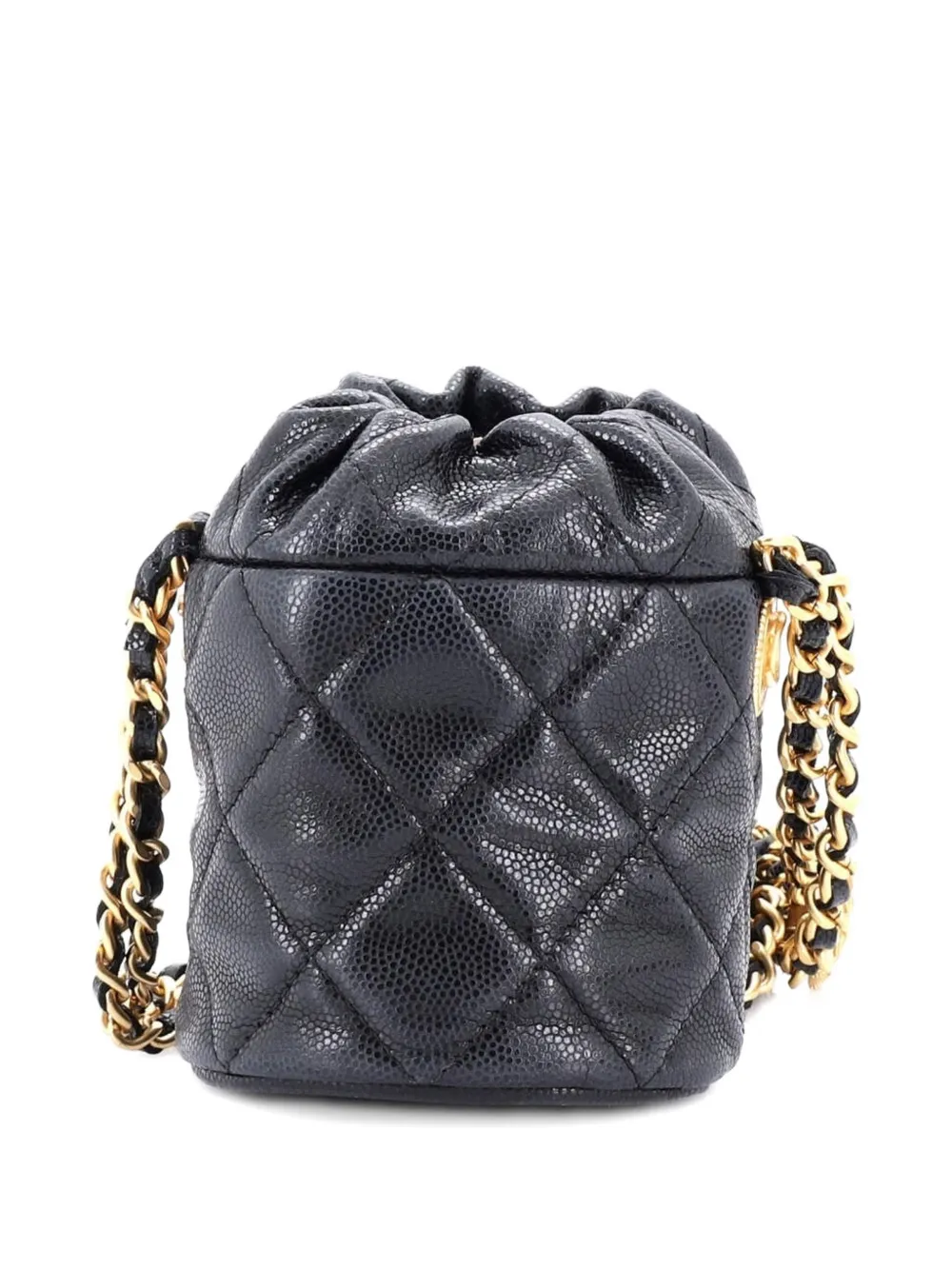 Pre-owned Chanel Twist Your Buttons Drawstring Quilted Caviar Mini Bucket Bag In Black