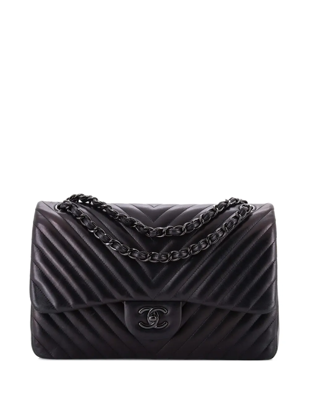 Click to view more detailed imagery on our partner's website Pre-owned Chanel So Black Classic Double Flap Bag Chevron Lambskin Jumbo Crossbody Bag