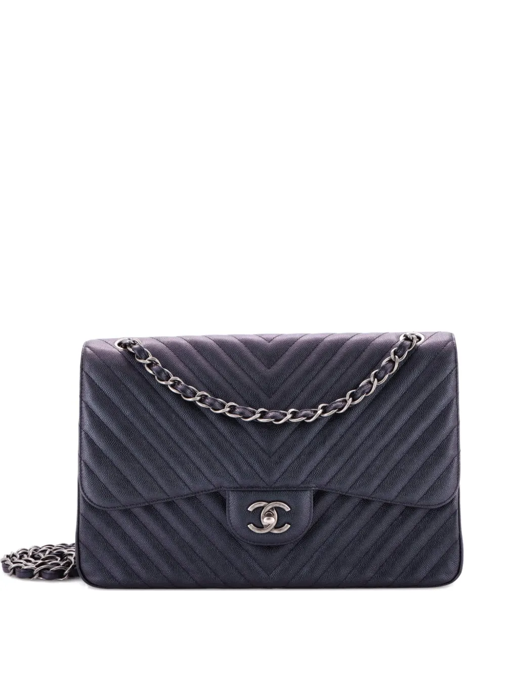 Click to view more detailed imagery on our partner's website Pre-owned Chanel Classic Double Flap Bag Chevron Iridescent Caviar Jumbo Shoulder Bag In Black