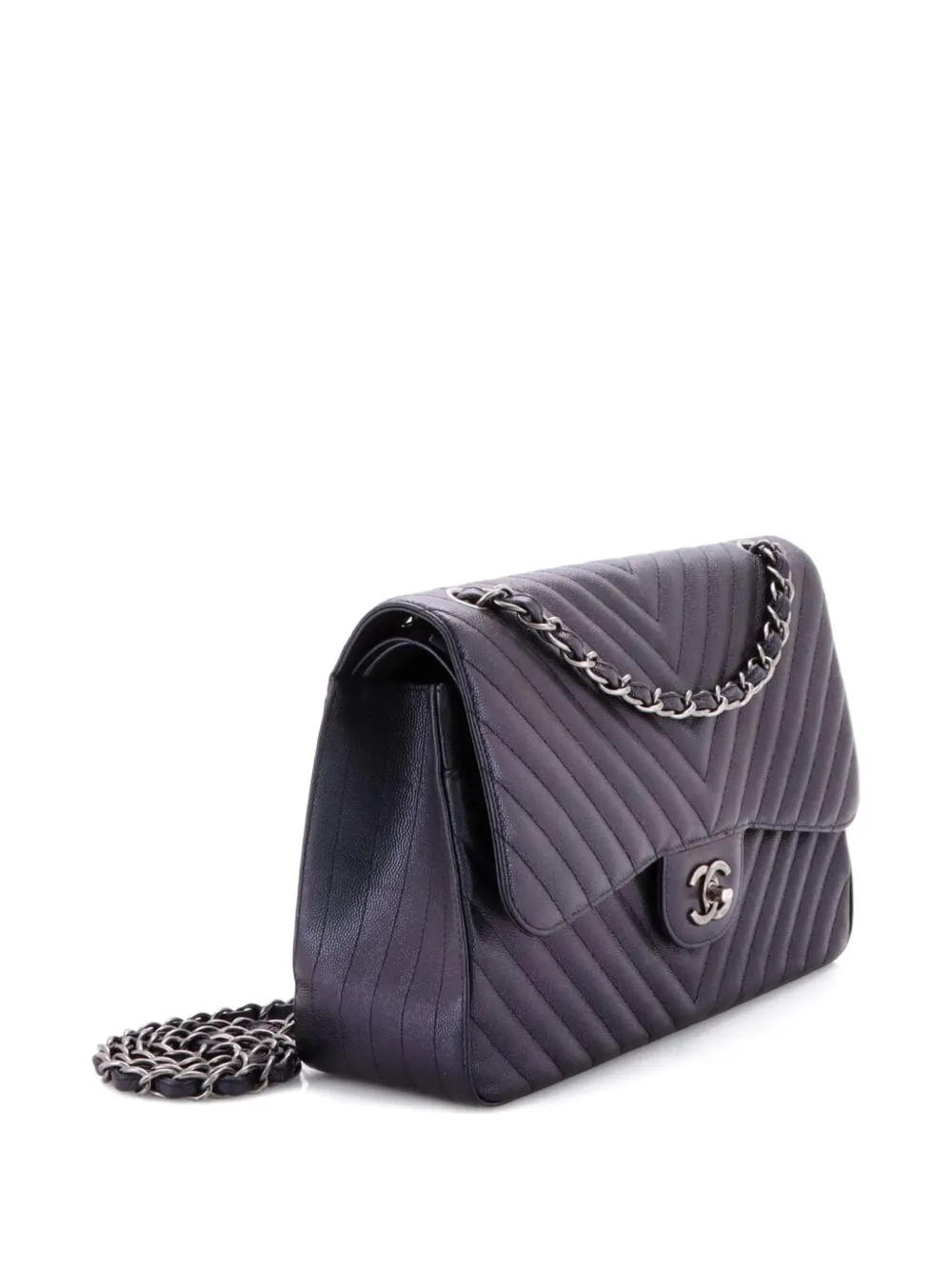 CHANEL Pre-owned Classic Double Flap Bag Chevron Iridescent Caviar Jumbo Shoulder Bag In Black