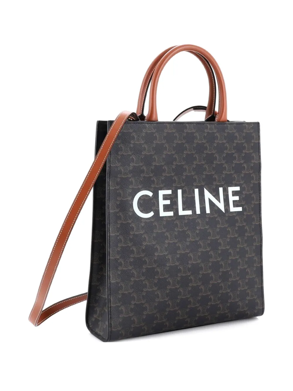 Pre-owned Celine Vertical Cabas Triomphe Coated Canvas Small Tote Bag In Brown