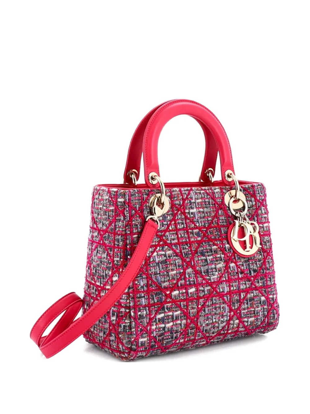 Pre-owned Dior Lady  Bag Tweed With Leather Medium Satchel In Pink