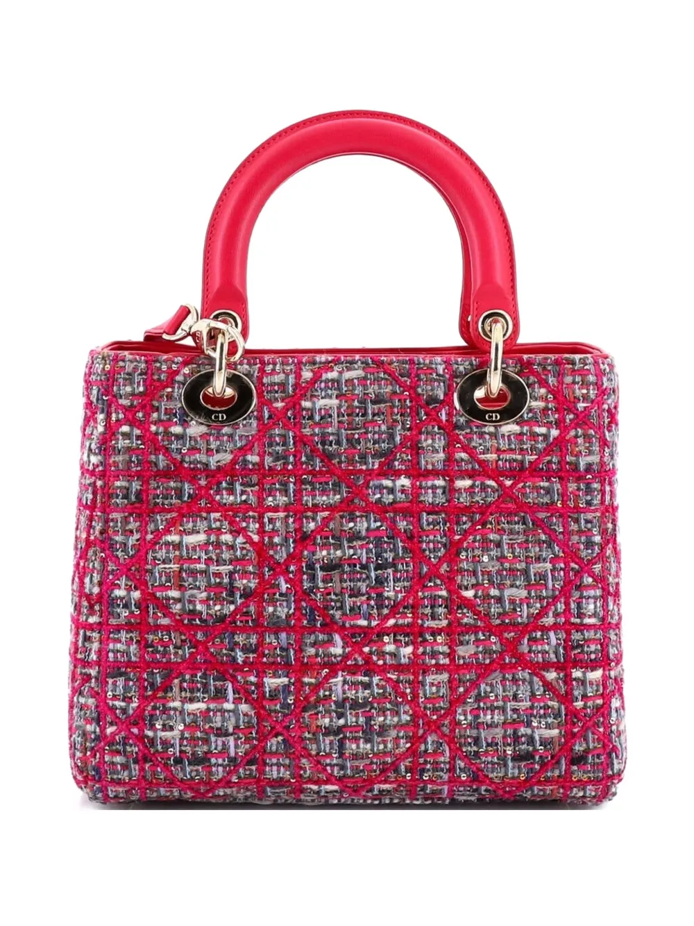 Pre-owned Dior Lady  Bag Tweed With Leather Medium Satchel In Pink