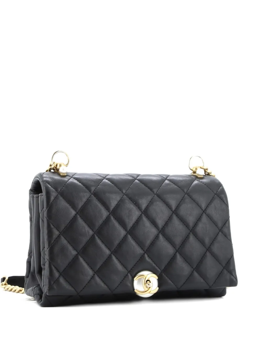 Pre-owned Chanel Pearl Cc Accordion Flap Bag Quilted Calfskin Medium Shoulder Bag In Black