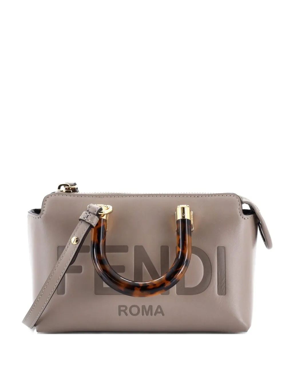Pre-owned Fendi Logo By The Way Top Handle Bag Embossed Leather Mini Crossbody Bag In Gray