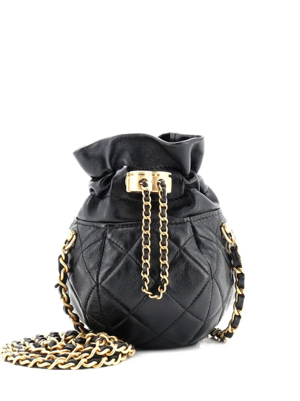 Pre-owned Chanel Drawstring Cc Round Bucket Clutch With Chain Quilted Lambskin Mini Crossbody Bag In Black