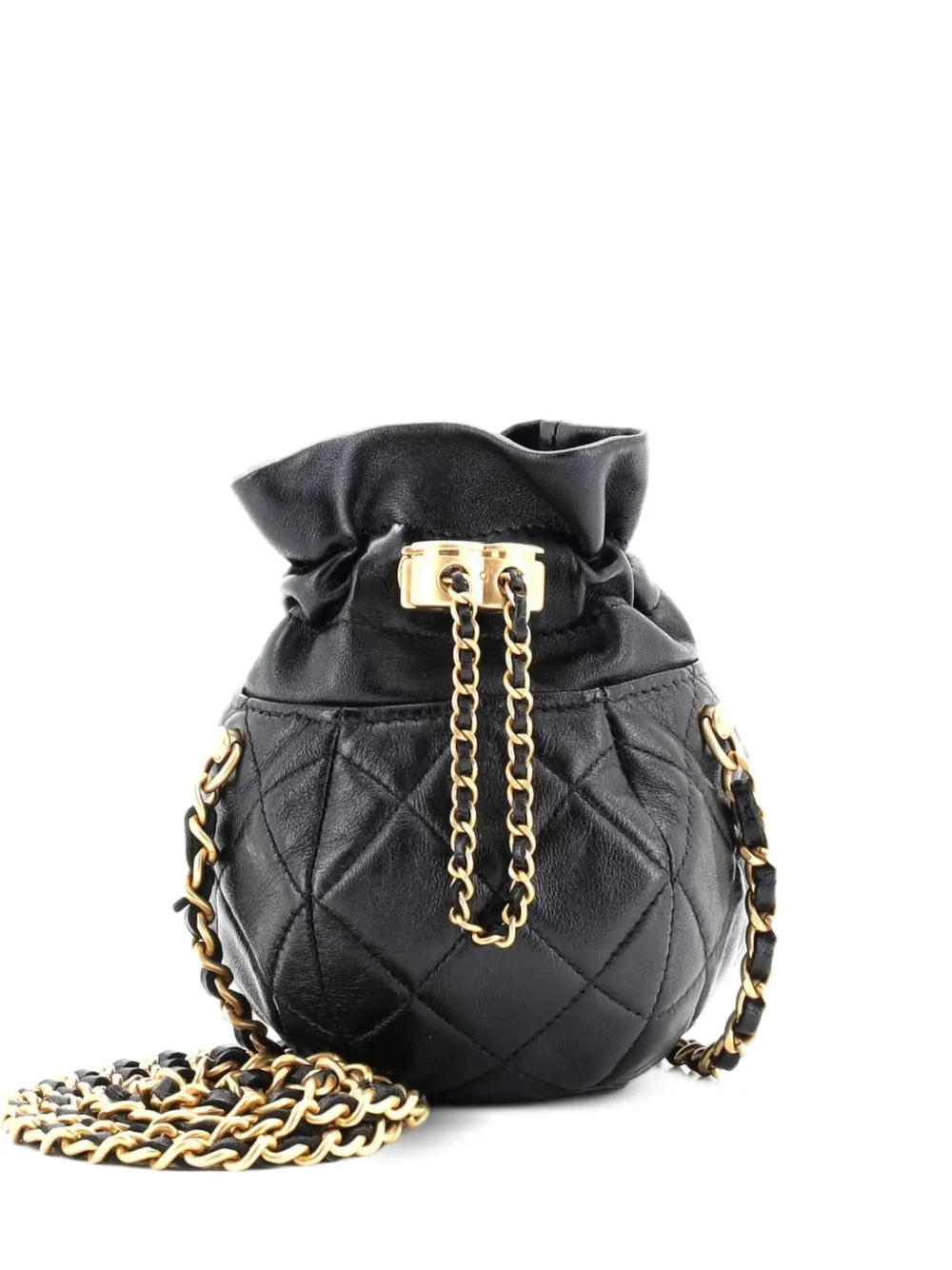 CHANEL Pre-Owned Drawstring CC Round Bucket Clutch with Chain Quilted Lambskin Mini crossbody bag - Nero