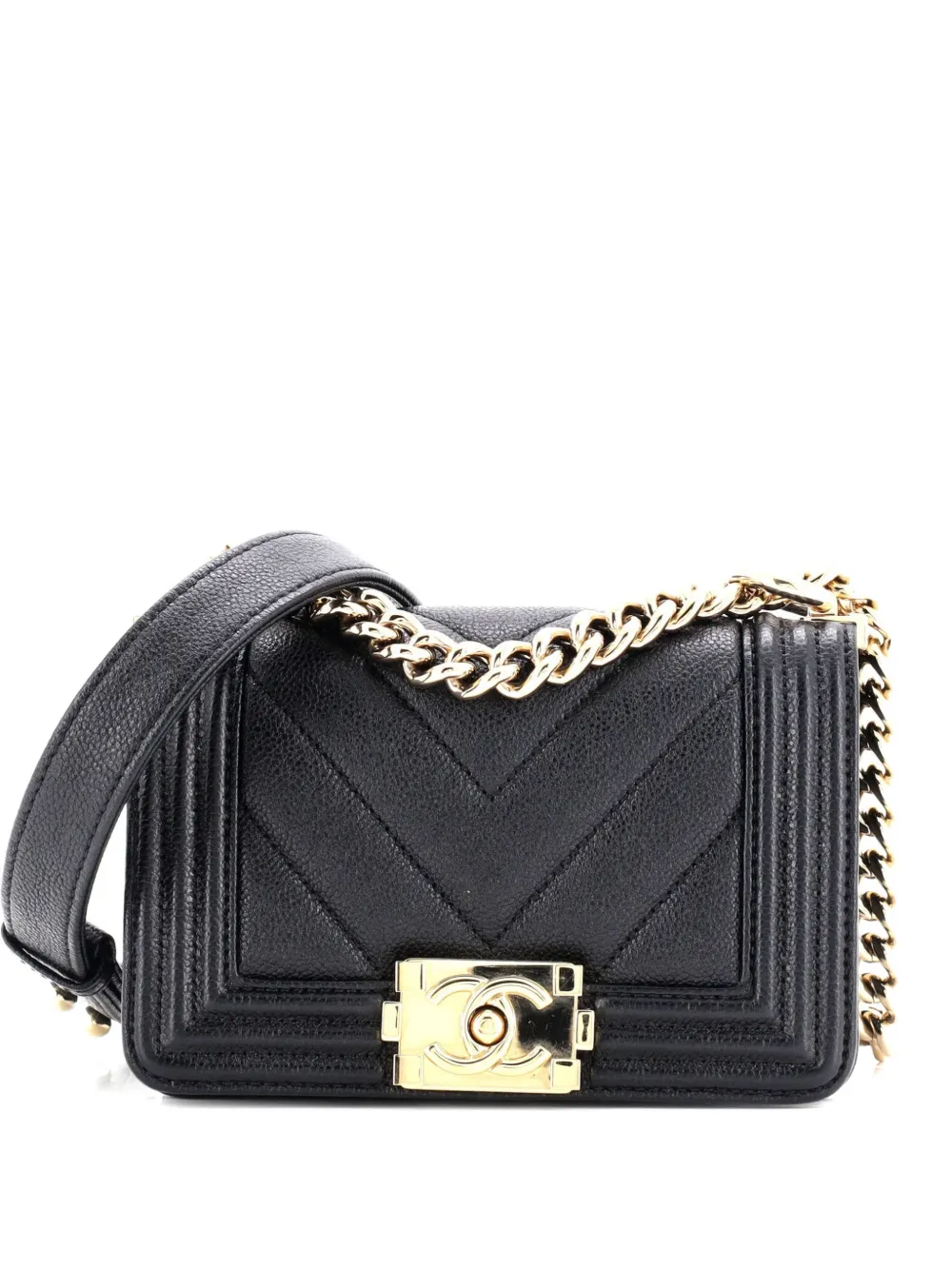 Pre-owned Chanel Boy Flap Bag Chevron Caviar Mini Crossbody Bag In Black