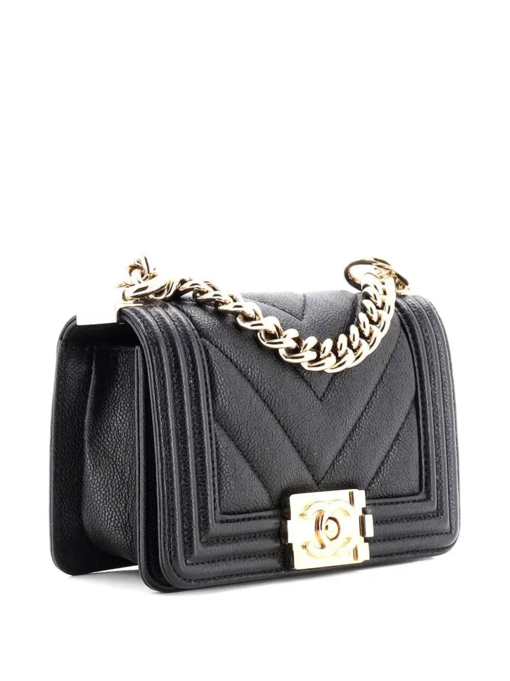 Pre-owned Chanel Boy Flap Bag Chevron Caviar Mini Crossbody Bag In Black