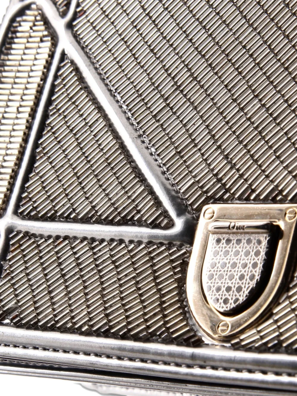 DIOR Pre-owned Ama Flap Bag Beaded Leather Small Shoulder Bag In Silver