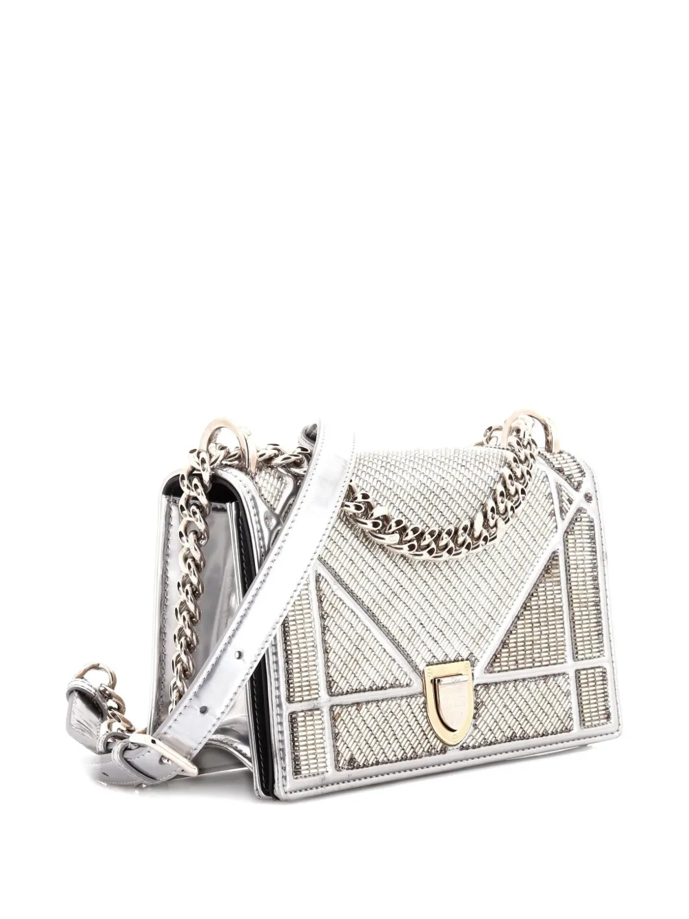 DIOR Pre-owned Ama Flap Bag Beaded Leather Small Shoulder Bag In Silver