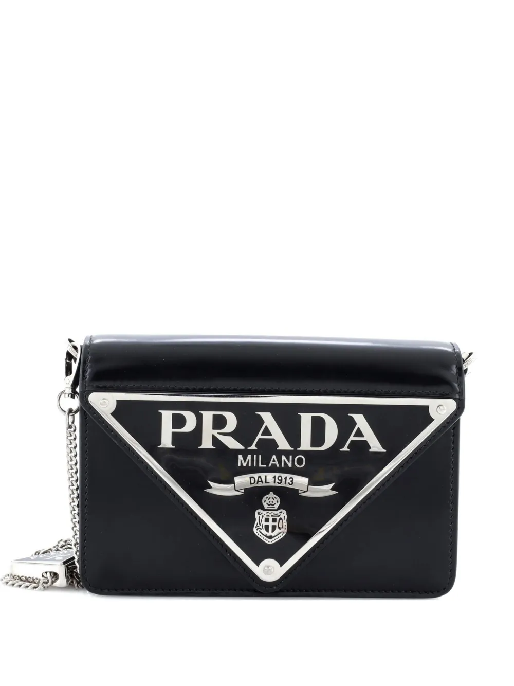 Pre-owned Prada Maxi Triangle Logo Chain Flap Bag Brushed Leather Small Crossbody Bag In Black