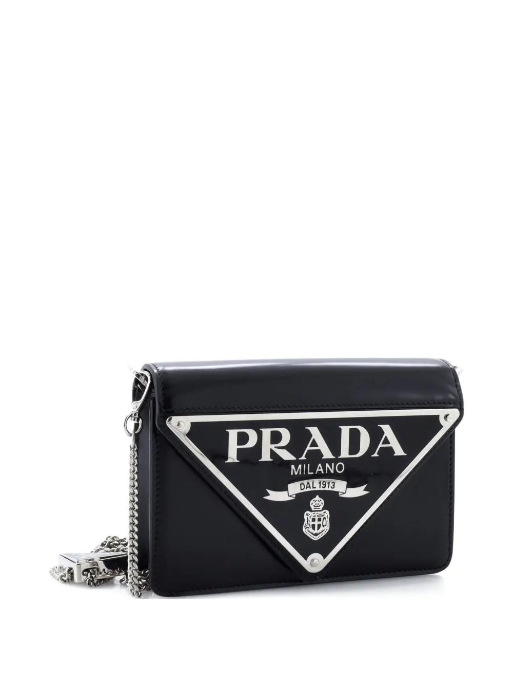 PRADA Pre-owned Maxi Triangle Logo Chain Flap Bag Brushed Leather Small Crossbody Bag In Black