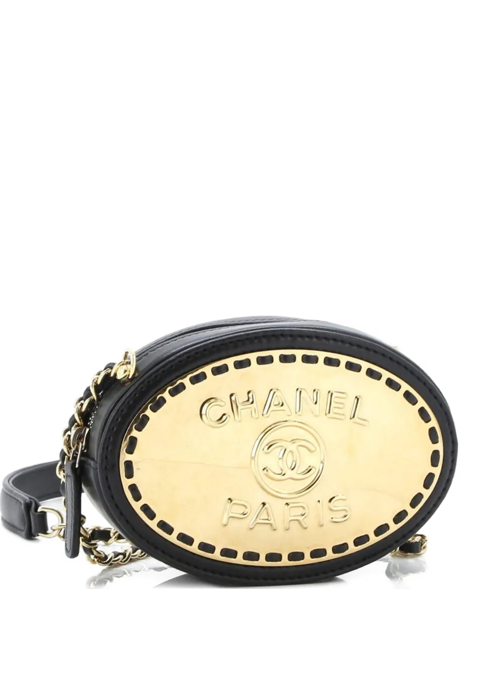 Pre-owned Chanel Logo Plate Oval Clutch With Chain Metal And Lambskin Shoulder Bag In Black
