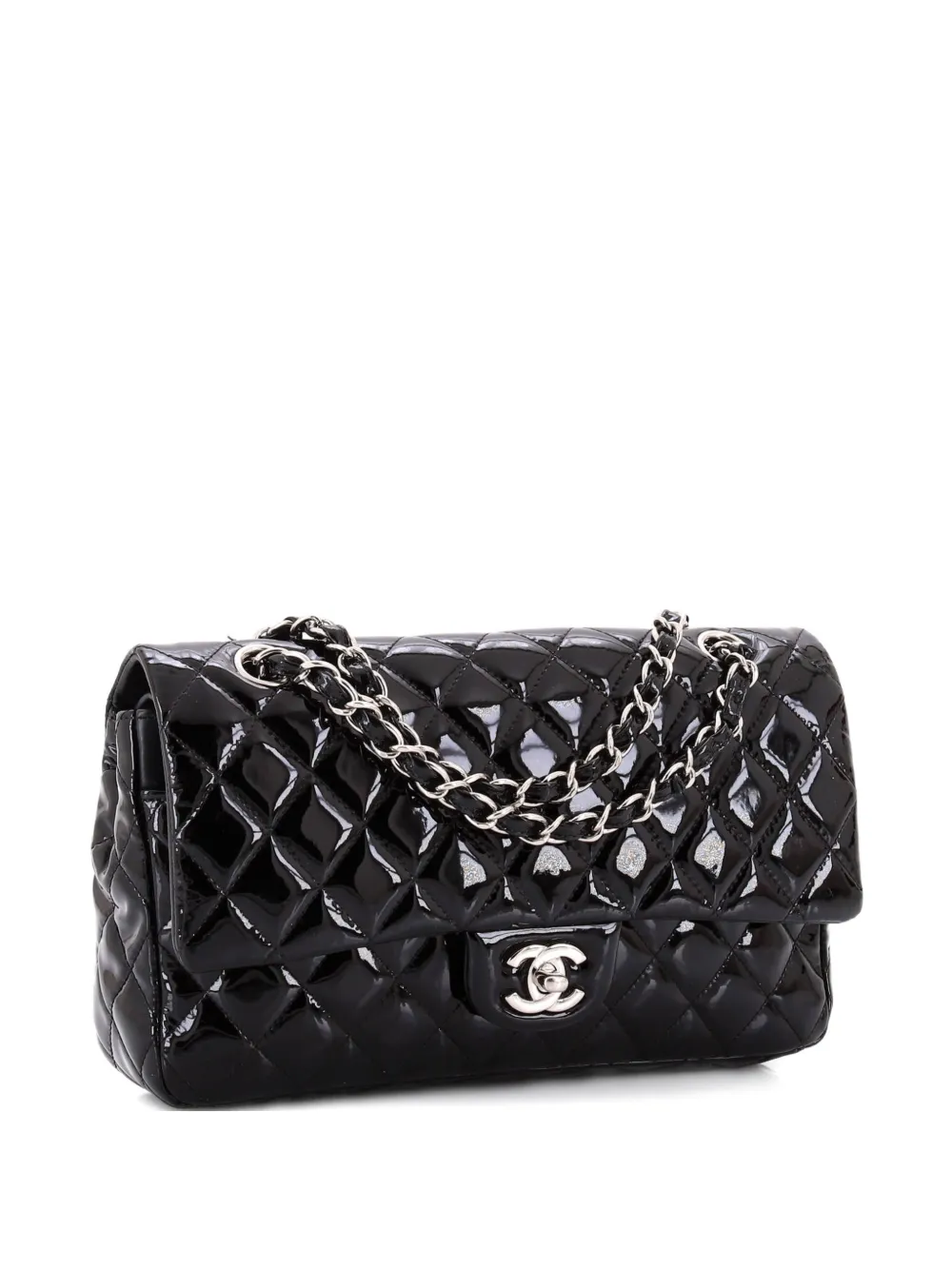 Click to view more detailed imagery on our partner's website Pre-owned Chanel Classic Double Flap Bag Quilted Patent Medium Shoulder Bag In Black