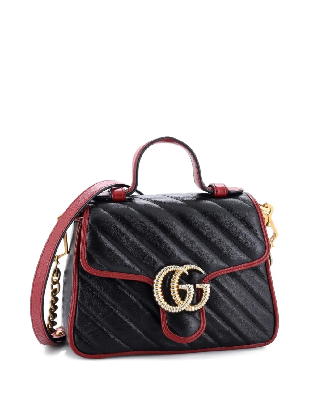 GUCCI Pre-owned Gg Marmont Top Handle Flap Bag Diagonal Quilted Leather Mini Satchel In Black