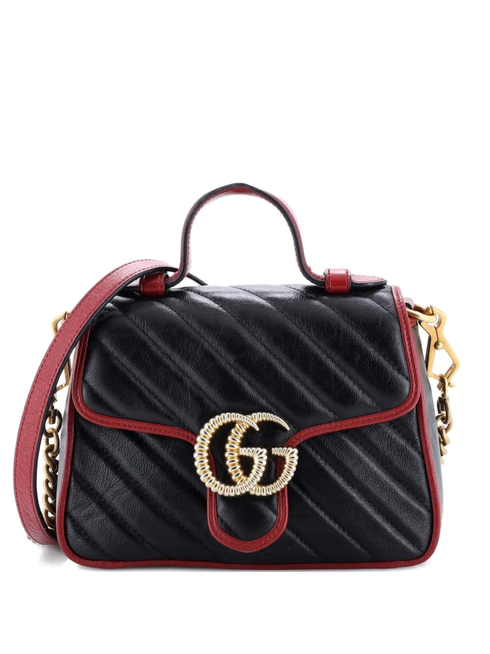 Click to view more detailed imagery on our partner's website Pre-owned Gucci Gg Marmont Top Handle Flap Bag Diagonal Quilted Leather Mini Satchel In Black