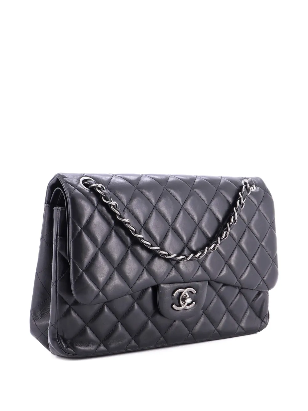 Pre-owned Chanel Classic Double Flap Bag Quilted Lambskin Jumbo Shoulder Bag In Black