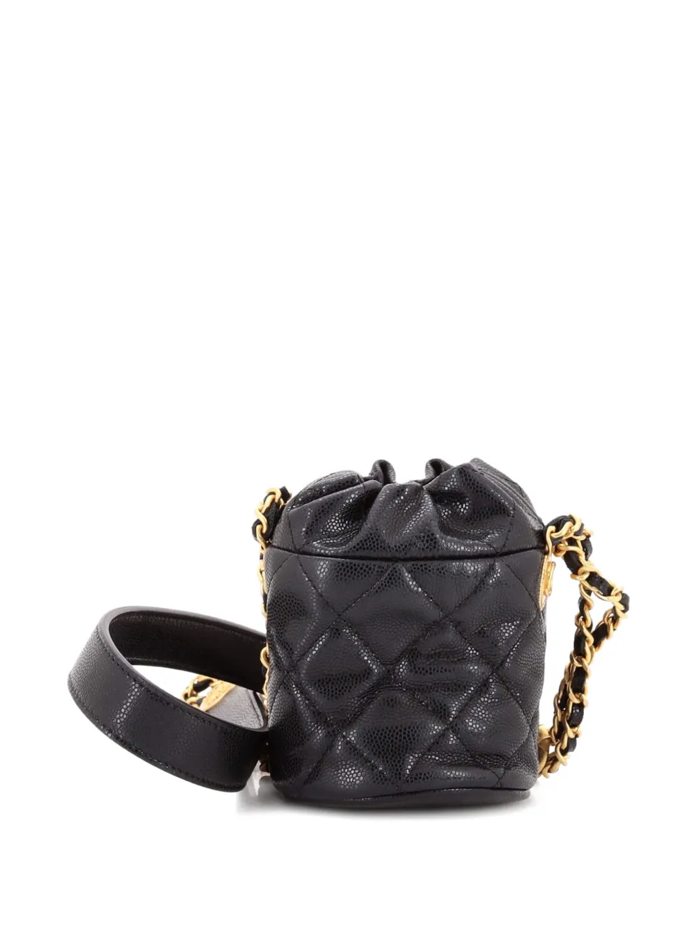 Pre-owned Chanel Twist Your Buttons Drawstring Quilted Caviar Mini Bucket Bag In Black