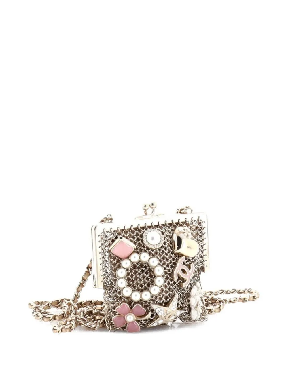 CHANEL Pre-owned Cc Charm Kisslock Frame Clutch With Chain Embellished Metal Mesh Mini Crossbody Bag In Gold