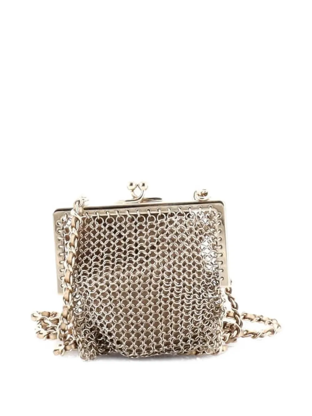CHANEL Pre-owned Cc Charm Kisslock Frame Clutch With Chain Embellished Metal Mesh Mini Crossbody Bag In Gold