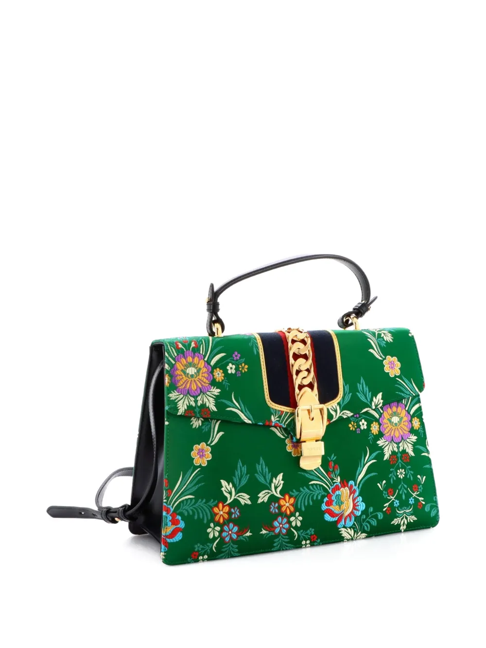 Pre-owned Gucci Sylvie Top Handle Bag Floral Jacquard Medium Satchel In Green