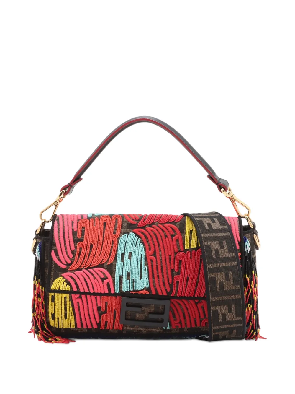 Pre-owned Fendi 2010-2025 Pref Zucca Canvas Beaded Roma Amor Baguette Satchel In Brown