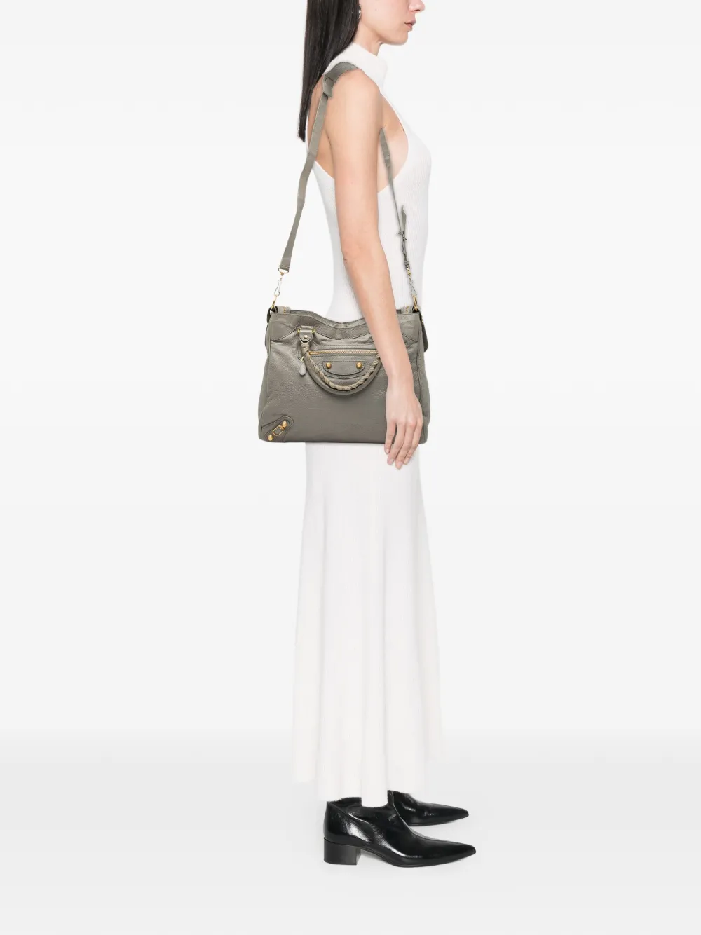 Pre-owned Balenciaga 2010-2025 Lambskin Motocross Velo Giant 12 Satchel In Gray