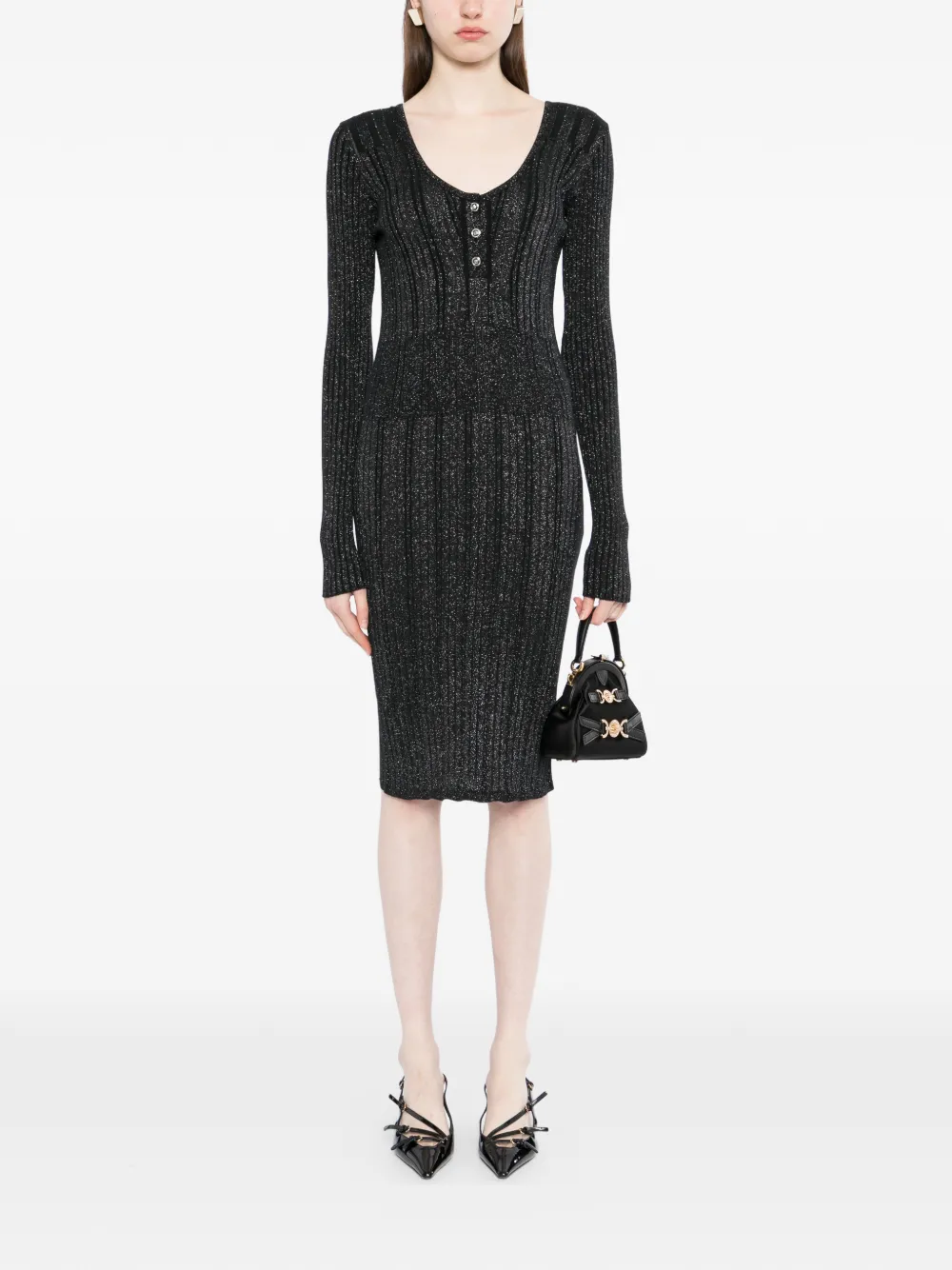 Versace button ribbed dress - Zwart