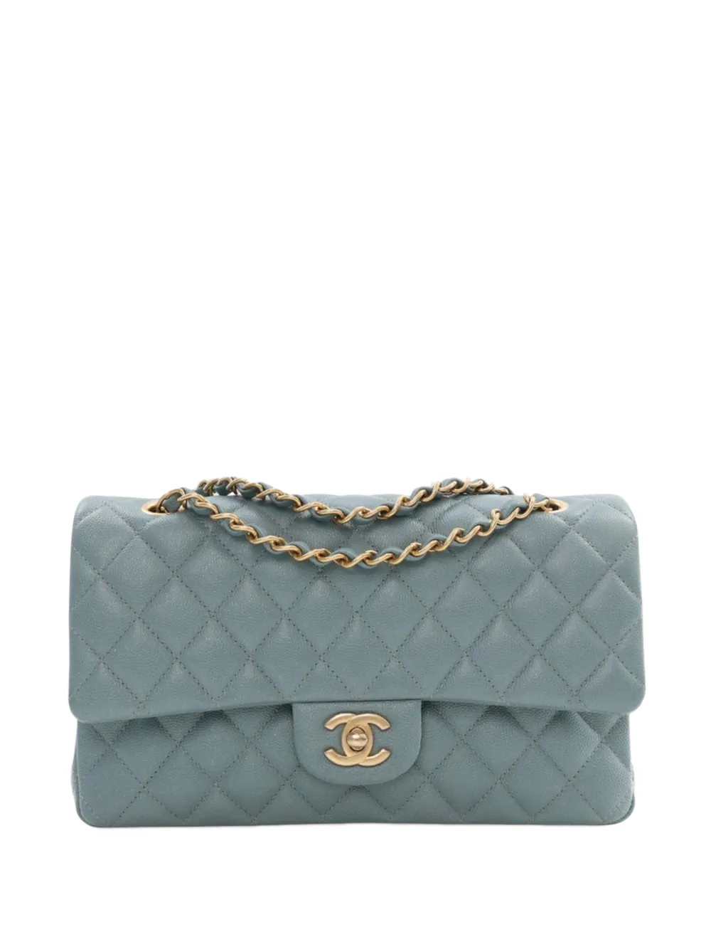 Pre-owned Chanel 2018 Medium Classic Iridescent Caviar Double Flap Shoulder Bag In Blue