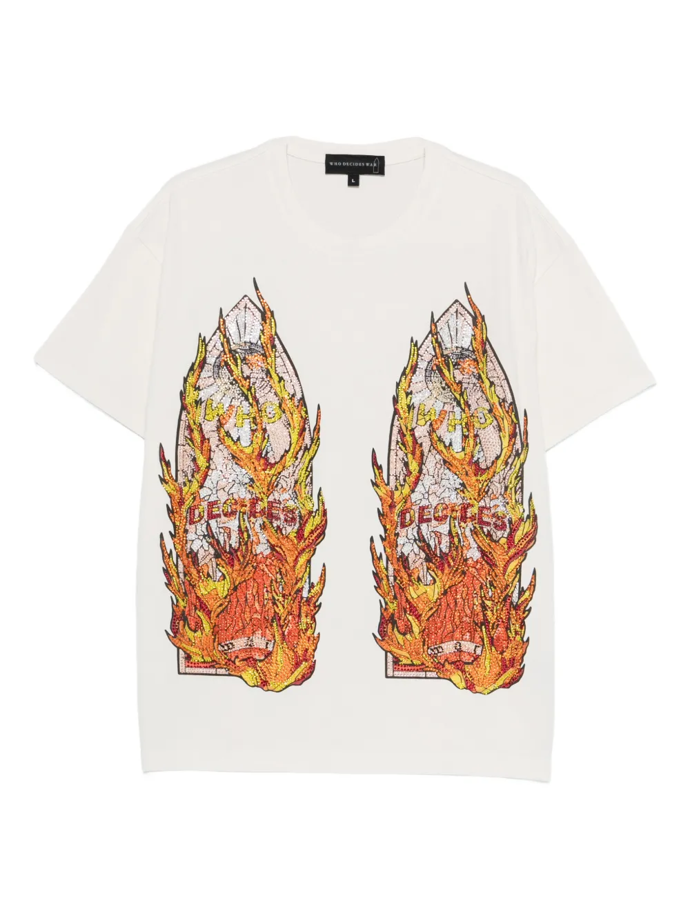 Who Decides War Rhinestone Flame Glass T-shirt | Neutrals | Image 1