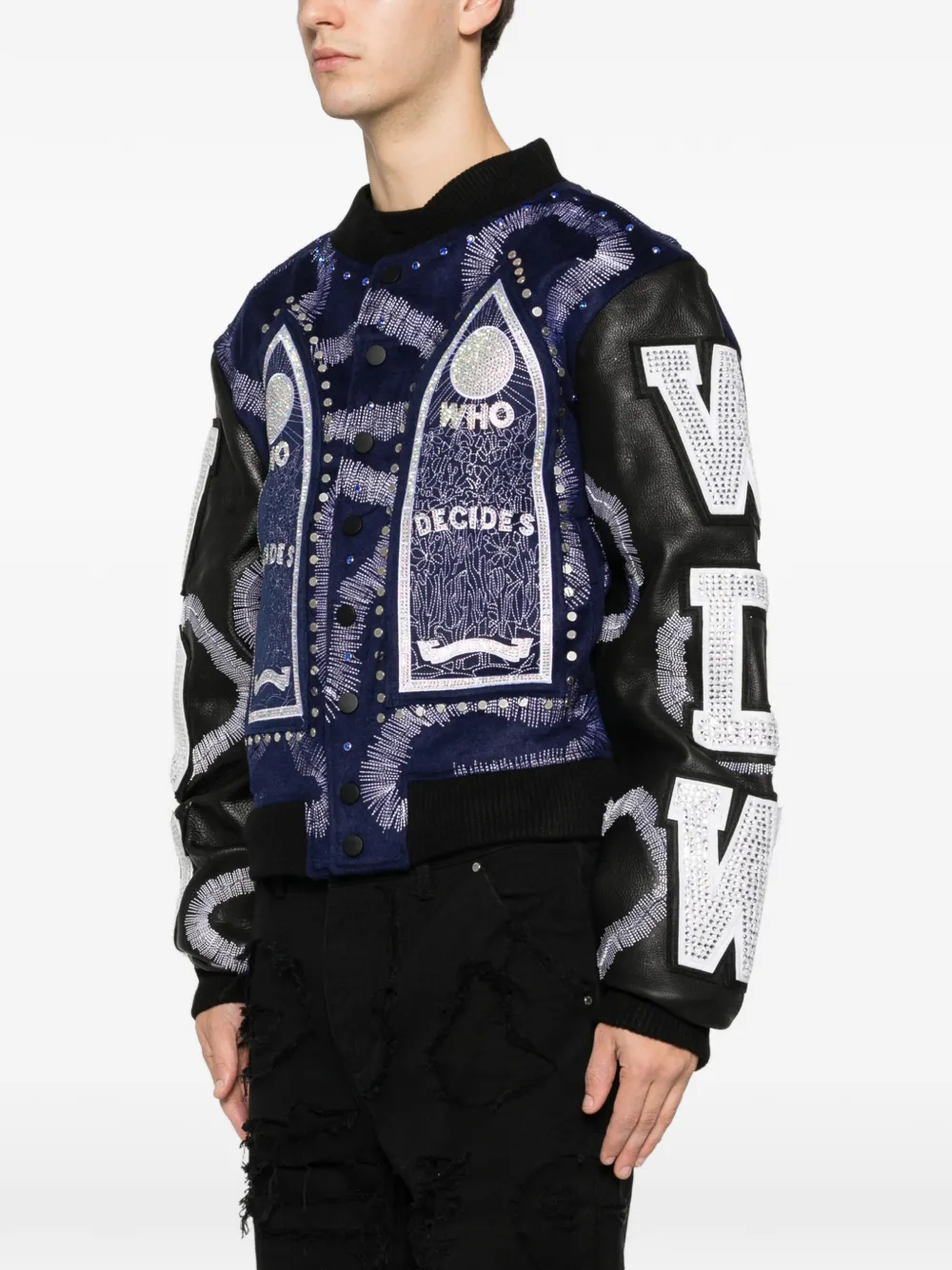  Who Decides War Appliqué Varsity Jacket - Blue 