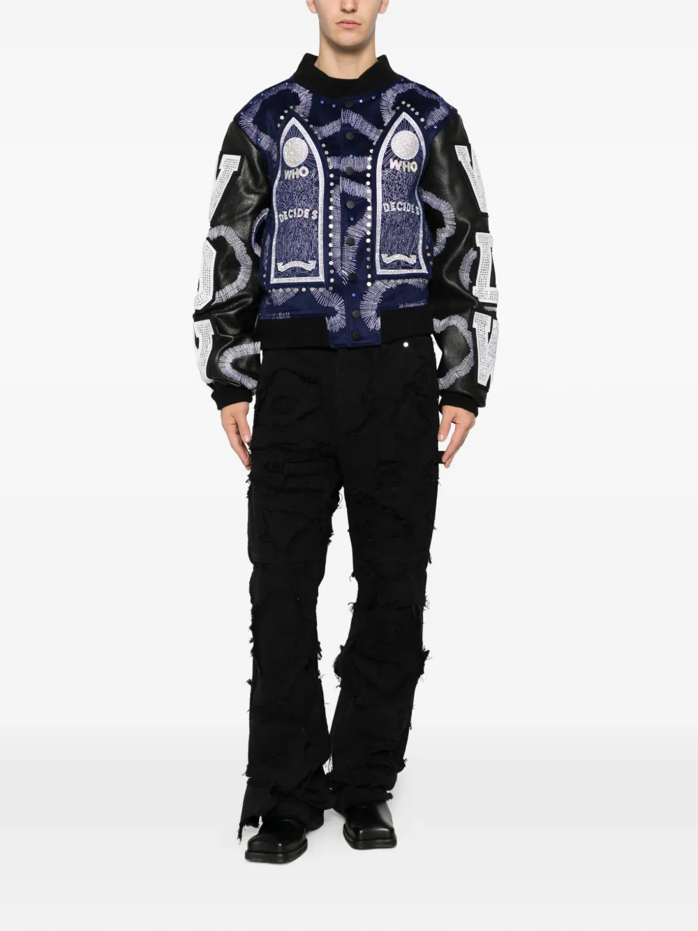  Who Decides War Appliqué Varsity Jacket - Blue 
