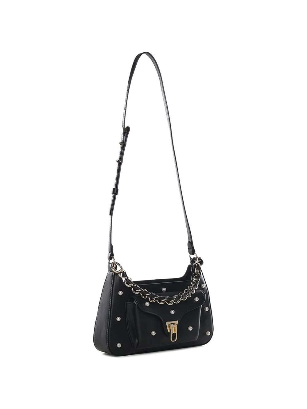 Pearl-Embellishment Leather Shoulder Bag