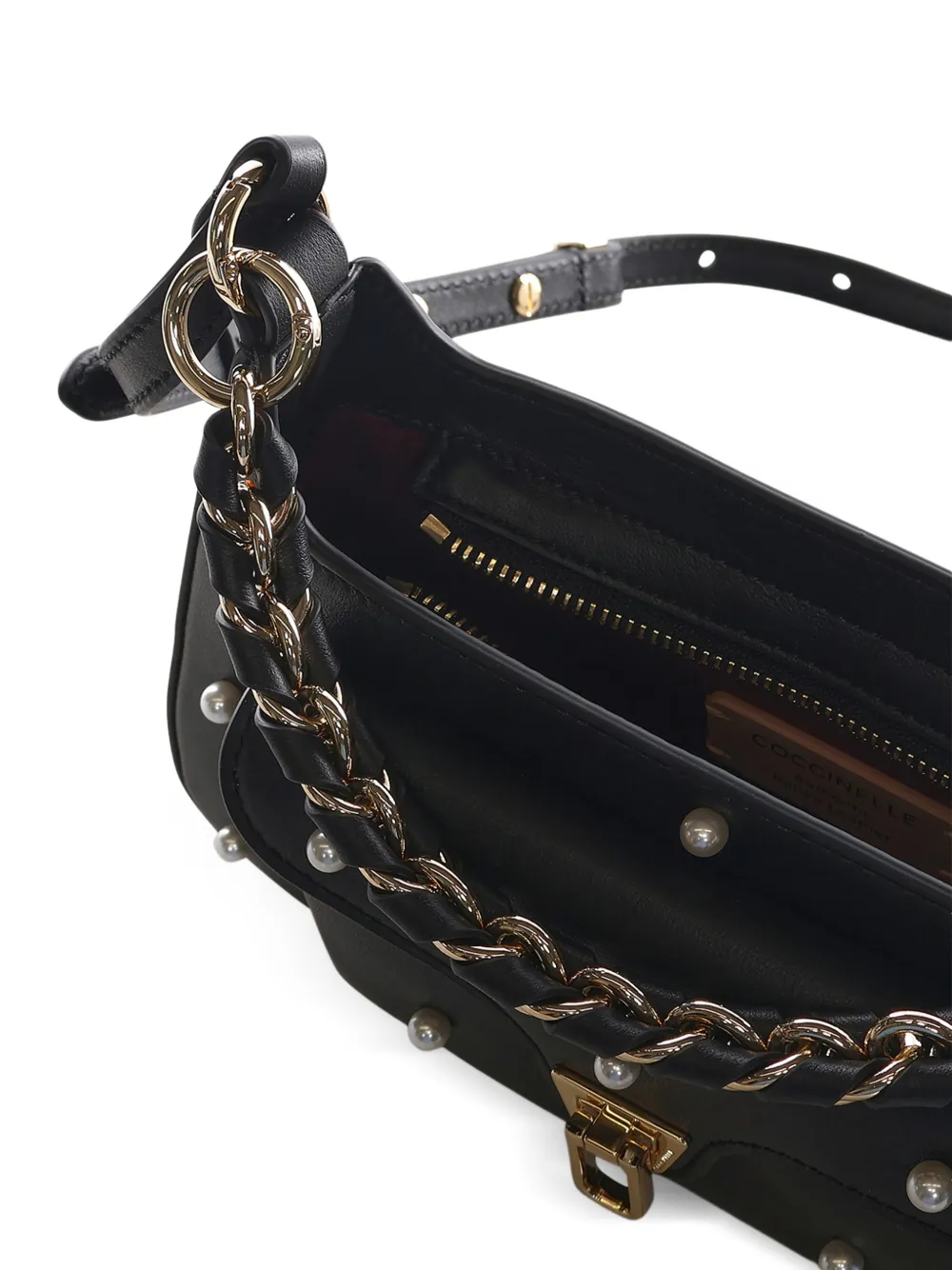Pearl-Embellishment Leather Shoulder Bag