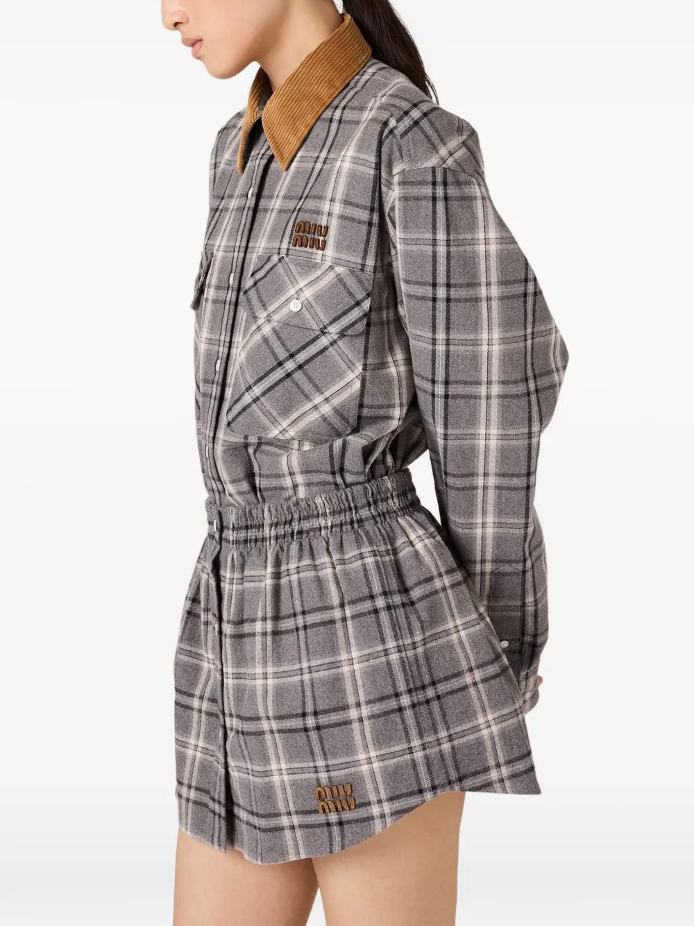 Miu Miu Long Sleeve Plaid Shirt With Chest Pockets In Gray