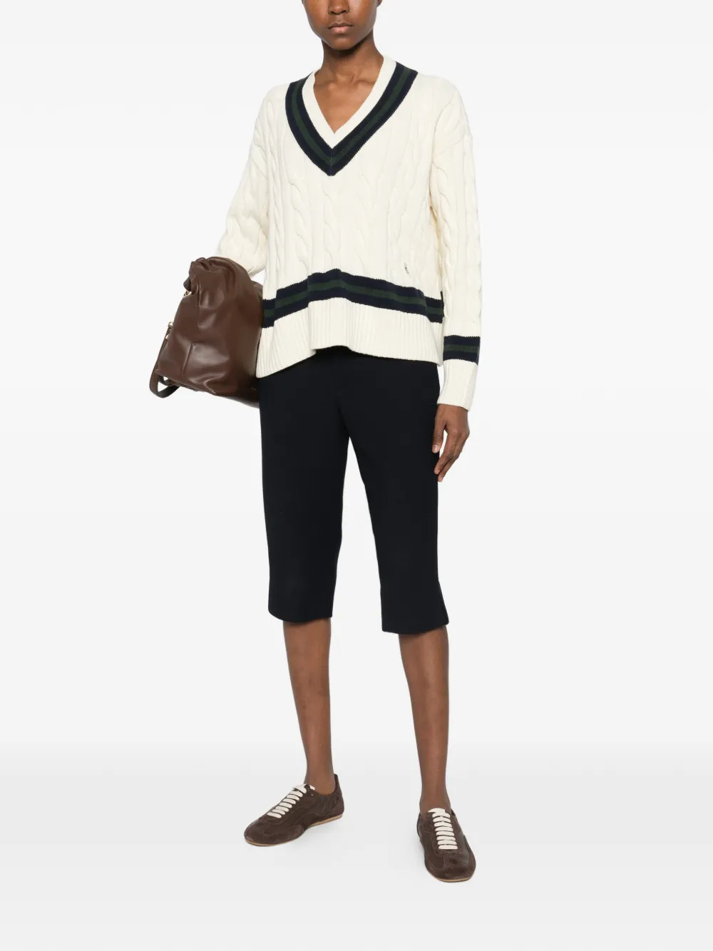 Sporty & Rich Gestreepte trui met V-hals Beige